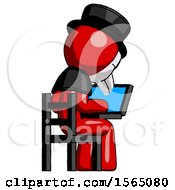 Poster, Art Print Of Red Plague Doctor Man Using Laptop Computer While Sitting In Chair View From Back