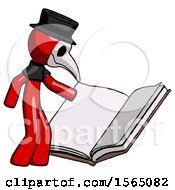 Poster, Art Print Of Red Plague Doctor Man Reading Big Book While Standing Beside It