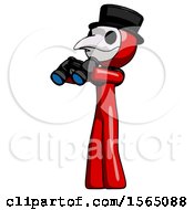 Poster, Art Print Of Red Plague Doctor Man Holding Binoculars Ready To Look Left