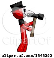 Poster, Art Print Of Red Plague Doctor Man Hammering Something On The Right