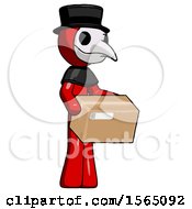 Poster, Art Print Of Red Plague Doctor Man Holding Package To Send Or Recieve In Mail