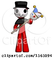 Poster, Art Print Of Red Plague Doctor Man Holding Jester Diagonally