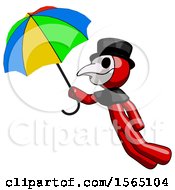 Poster, Art Print Of Red Plague Doctor Man Flying With Rainbow Colored Umbrella