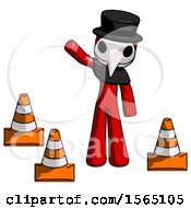 Poster, Art Print Of Red Plague Doctor Man Standing By Traffic Cones Waving