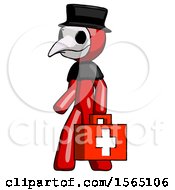 Poster, Art Print Of Red Plague Doctor Man Walking With Medical Aid Briefcase To Left