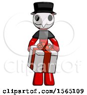 Poster, Art Print Of Red Plague Doctor Man Gifting Present With Large Bow Front View