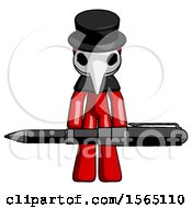 Poster, Art Print Of Red Plague Doctor Man Weightlifting A Giant Pen
