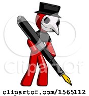 Poster, Art Print Of Red Plague Doctor Man Drawing Or Writing With Large Calligraphy Pen