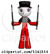 Red Plague Doctor Man Posing With Two Ninja Sword Katanas Up
