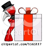 Poster, Art Print Of Red Plague Doctor Man Gift Concept - Leaning Against Large Present