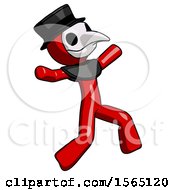 Poster, Art Print Of Red Plague Doctor Man Running Away In Hysterical Panic Direction Right