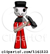 Poster, Art Print Of Red Plague Doctor Man Holding Hammer Ready To Work