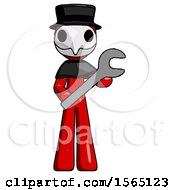 Poster, Art Print Of Red Plague Doctor Man Holding Large Wrench With Both Hands
