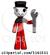 Poster, Art Print Of Red Plague Doctor Man Holding Wrench Ready To Repair Or Work