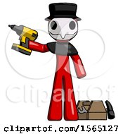 Poster, Art Print Of Red Plague Doctor Man Holding Drill Ready To Work Toolchest And Tools To Right