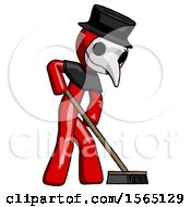 Poster, Art Print Of Red Plague Doctor Man Cleaning Services Janitor Sweeping Side View