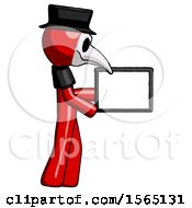 Poster, Art Print Of Red Plague Doctor Man Show Tablet Device Computer To Viewer Blank Area