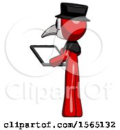 Red Plague Doctor Man Looking At Tablet Device Computer With Back To Viewer