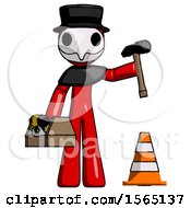 Poster, Art Print Of Red Plague Doctor Man Under Construction Concept Traffic Cone And Tools