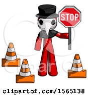 Poster, Art Print Of Red Plague Doctor Man Holding Stop Sign By Traffic Cones Under Construction Concept
