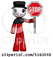 Poster, Art Print Of Red Plague Doctor Man Holding Stop Sign