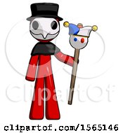 Poster, Art Print Of Red Plague Doctor Man Holding Jester Staff