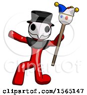 Poster, Art Print Of Red Plague Doctor Man Holding Jester Staff Posing Charismatically