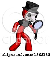 Poster, Art Print Of Red Plague Doctor Man Inspecting With Large Magnifying Glass Right