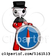 Red Plague Doctor Man Standing Beside Large Compass