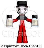 Poster, Art Print Of Red Plague Doctor Man Holding Two Medicine Bottles