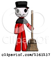 Red Plague Doctor Man Standing With Broom Cleaning Services