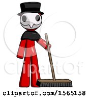 Poster, Art Print Of Red Plague Doctor Man Standing With Industrial Broom