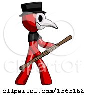 Poster, Art Print Of Red Plague Doctor Man Holding Bo Staff In Sideways Defense Pose