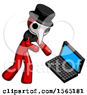 Poster, Art Print Of Red Plague Doctor Man Throwing Laptop Computer In Frustration