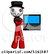 Red Plague Doctor Man Holding Laptop Computer Presenting Something On Screen