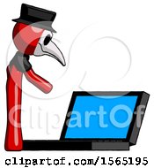 Poster, Art Print Of Red Plague Doctor Man Using Large Laptop Computer Side Orthographic View