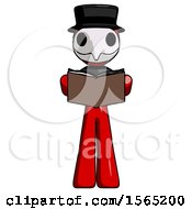 Poster, Art Print Of Red Plague Doctor Man Reading Book While Standing Up Facing Viewer