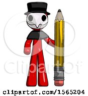 Poster, Art Print Of Red Plague Doctor Man With Large Pencil Standing Ready To Write