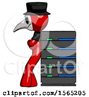 Red Plague Doctor Man Resting Against Server Rack