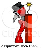 Poster, Art Print Of Red Plague Doctor Man Leaning Against Dynimate Large Stick Ready To Blow