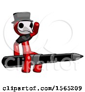 Poster, Art Print Of Red Plague Doctor Man Riding A Pen Like A Giant Rocket