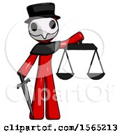 Poster, Art Print Of Red Plague Doctor Man Justice Concept With Scales And Sword Justicia Derived
