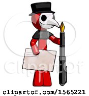 Poster, Art Print Of Red Plague Doctor Man Holding Large Envelope And Calligraphy Pen