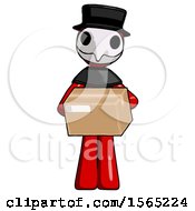 Poster, Art Print Of Red Plague Doctor Man Holding Box Sent Or Arriving In Mail