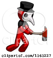 Poster, Art Print Of Red Plague Doctor Man With Ax Hitting Striking Or Chopping