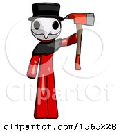 Poster, Art Print Of Red Plague Doctor Man Holding Up Red Firefighters Ax