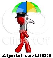 Poster, Art Print Of Red Plague Doctor Man Walking With Colored Umbrella