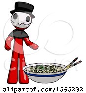 Poster, Art Print Of Red Plague Doctor Man And Noodle Bowl Giant Soup Restaraunt Concept