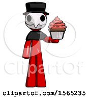 Poster, Art Print Of Red Plague Doctor Man Presenting Pink Cupcake To Viewer