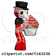 Poster, Art Print Of Red Plague Doctor Man Holding Large Cupcake Ready To Eat Or Serve